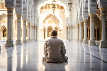 A serene perspective captures the back view of a devout Muslim man engaged in prayer within the tranquil ambiance of a mosque. Generative AI