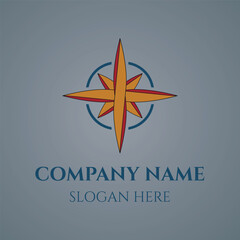 Compass logo in red and blue. Side of the world.