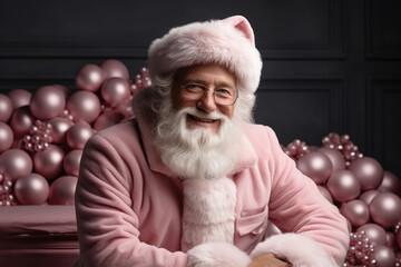 happy santa claus in pink costume sitting in living room 