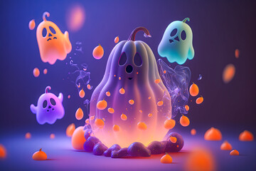 cartoon illustration of nice Halloween pumpkins ghosts with cute face. Halloween concept