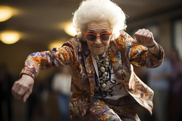 Fototapeta na wymiar Granny dances Breakdance with enthusiasm