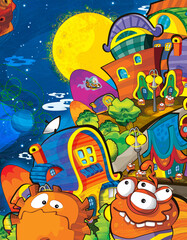 Fototapeta premium Cartoon funny colorful scene of cosmos galactic alien ufo isolated illustration for children