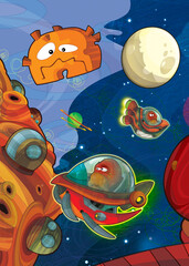 Cartoon funny colorful scene of cosmos galactic alien ufo isolated illustration for children
