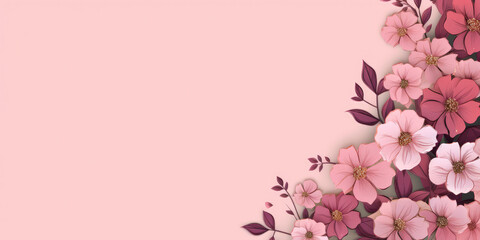 Fototapeta na wymiar Flowers, floral, background, border frame , flat lay, top view, copy space, mock up, illustration