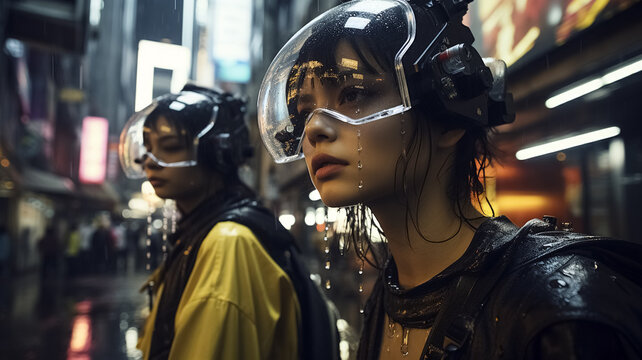 Man and women from the future wearing futuristic golden and mechanical high tech wearable technology