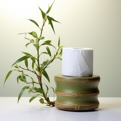 Toilet paper with a soft green background and bamboo. Generative AI. 