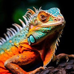 Portrait of colored iguana in profile on a black background. Exotic iguana.