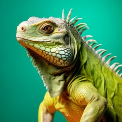 Fototapeta premium Portrait of green iguana in profile on a green background. Exotic iguana.