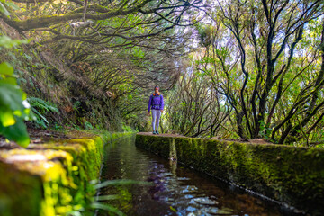 Low angle shot of tourist with backpack walking along a water channel overgrown with green trees on...