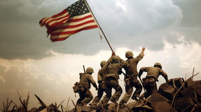 Soldiers raising the American flag triumphantly on a hill during a fierce battle - Raising The Flag