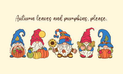 Harvest card cute design with gnomes. Calligraphic greeting text fall quote. Adorable swedish gnome Tomte autumn fun character. Fall Thanksgiving design scandinavian whimsical funny gnome characters.