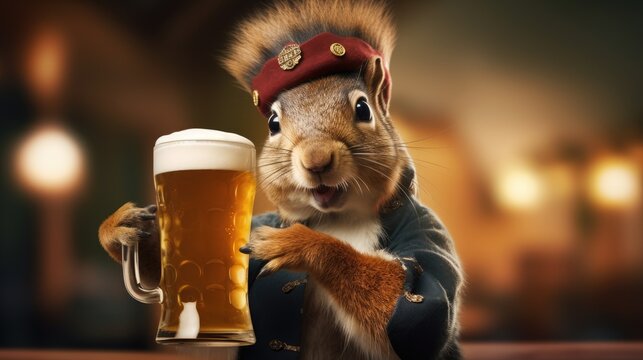 Cute squirrel holding a large beer mug. Generative AI