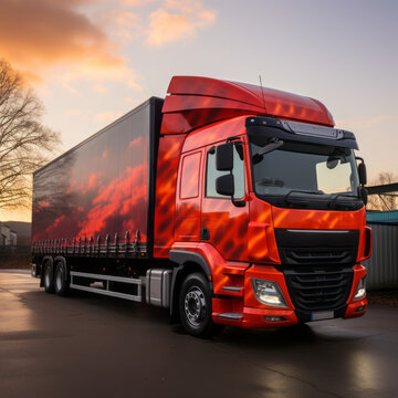 large red 7.5T HGV lorry truck on the road, in a morning setting, generative ai