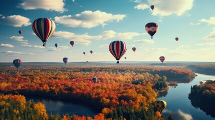 hot air balloons floating gracefully above a forest in its autumn