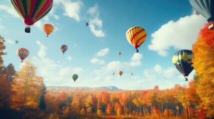 Obraz premium hot air balloons floating gracefully above a forest in its autumn