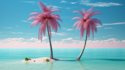 Fototapeta na wymiar Two palm trees and a small island in the middle of the ocean
