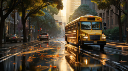 A school bus on the city street in autumn. Generative AI. 