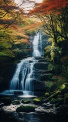 Fototapeta na wymiar photograph of a cascading waterfall surrounded by lush autumn foliage