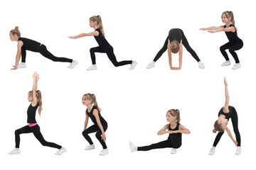 Little girl doing morning exercises on white background, collage design