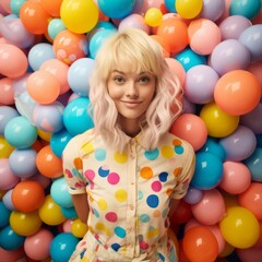 Fototapeta na wymiar A young smiling girl in a lively dress ready for a party. Balloons as background. Generative AI