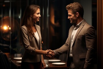Happy human resource manager handshaking with male candidate on job interview in office