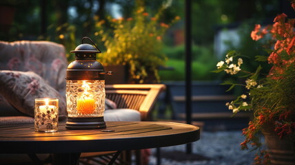 cozy cafe  terrace outside ,blurred lantern candle light, soft sofa flowers and trees in garden ,cozy house  atmosfear on evening 