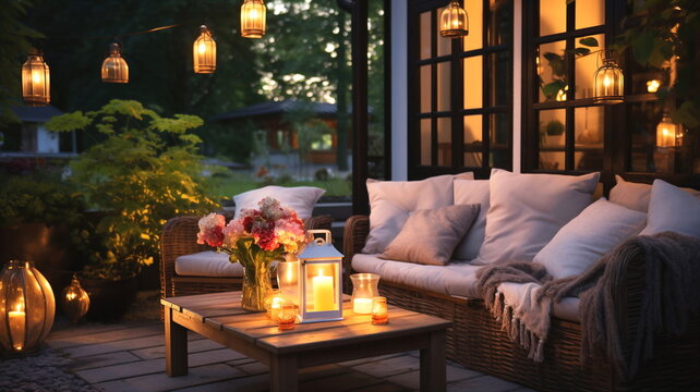 cozy cafe  terrace outside ,blurred lantern candle light, soft sofa flowers and trees in garden ,cozy house  atmosfear on evening 