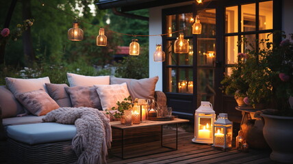 cozy cafe  terrace outside ,blurred lantern candle light, soft sofa flowers and trees in garden ,cozy house  atmosfear on evening  - 631643714