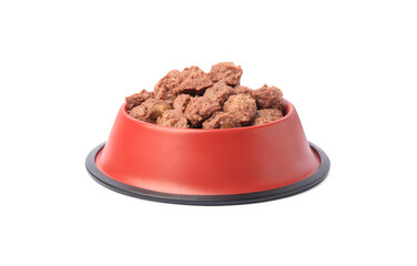Wet pet food in feeding bowl isolated on white