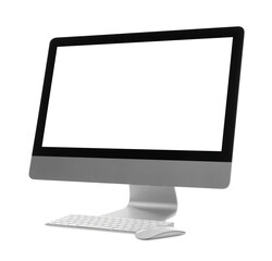 New computer with blank monitor screen, keyboard and mouse on white background