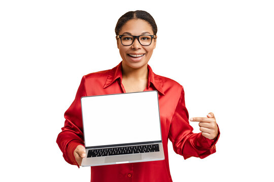 Portrait of smiling African American woman holding laptop computer pointing finger on blank display, isolated on transparent background. Technology, training courses, website concept