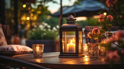Fototapeta na wymiar terrace outside ,blurred lantern candle light, soft sofa flowers and trees in garden ,cozy house atmosfear on evening 
