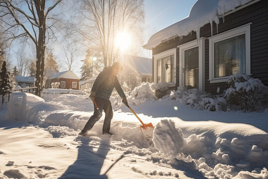 Snow removal. Man clearing snow on the road near country house by shovel after snowfall. Outdoors. Generative AI.