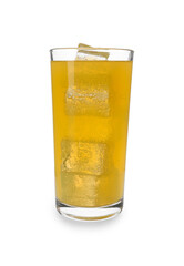 Glass of refreshing soda water with ice cubes isolated on white