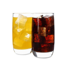 Glasses of different refreshing soda water with ice cubes isolated on white