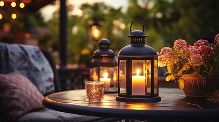 cozy cafe  terrace outside ,blurred lantern candle light, soft sofa flowers and trees in garden ,cozy house  atmosfear on evening 