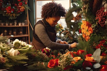 Woman make traditional Christmas decoration and wreath at her florist shop. Xmas holiday. Generative AI. - obrazy, fototapety, plakaty