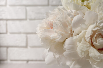 Beautiful peonies near white brick wall, closeup. Space for text