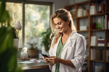 The online doctor: Happy female physician video calling a patient on a smartphone at working room - obrazy, fototapety, plakaty
