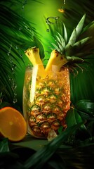 Ananas Juice Glass on a Tropical & Exotic Background.