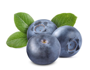 Fresh ripe blueberries with green leaves isolated on white
