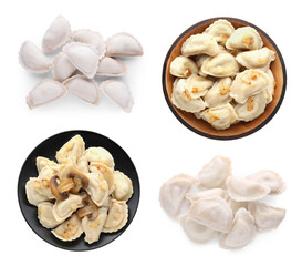 Set of dumplings (varenyky) with potato and onion on white background, top view