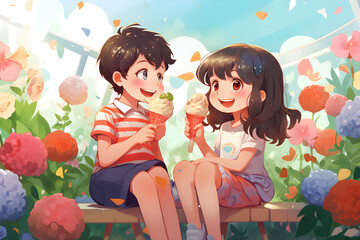 Obraz na płótnie Canvas Happy young couple is drinking ice cream and smiling while sitting at the flower garden, couple anime illustration, artwok background