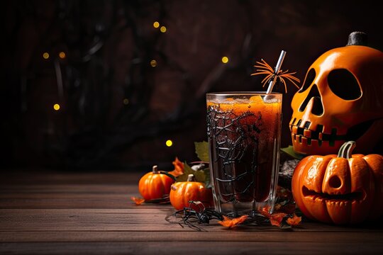 Halloween drink in glass with ice cube and sugar rim on black background with pumpkins and candles. Close up. Copy space . Generative AI.