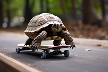 Fotobehang A tortoise riding on a skateboard. Strategy and performance concept © ink drop
