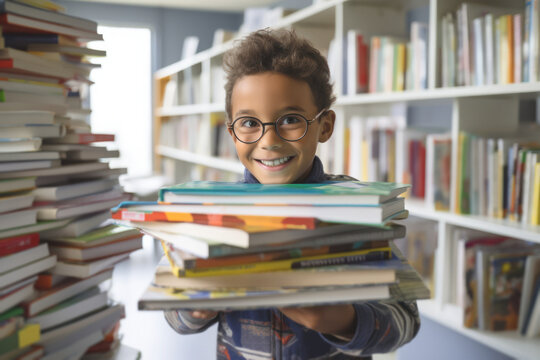 A child grabs a mountain of books with enthusiasm in a bookstore, choosing the best books for the new school year at the bookstore and getting ready to meet his new friends, back to school concept
