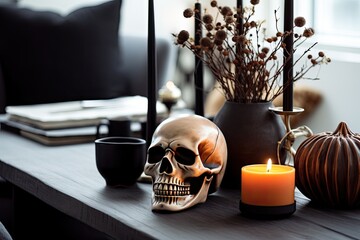 Halloween decorative composition of skull, pumpkins, black vase, orange candles on shelf in cozy home interior . Close up. Generative AI.