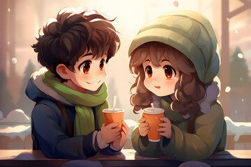 boys and girls drinking warm drinks, winter atmosphere using jackets and beanie, cartoon couple, anime art background - obrazy, fototapety, plakaty