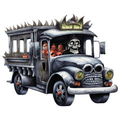 Halloween Truck, Watercolor, Spooky Season, Vintage Car with Skull Skeleton and Pumpkin. Isolated on Transparent Background. Generative AI