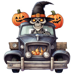 Halloween Truck, Watercolor, Spooky Season, Vintage Car with Skull Skeleton and Pumpkin. Isolated on Transparent Background. Generative AI